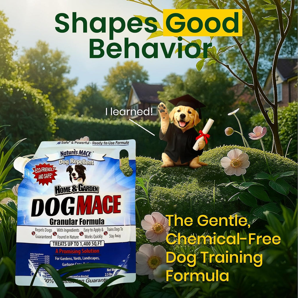 Natures Mace dog deterrent granules in a garden setting