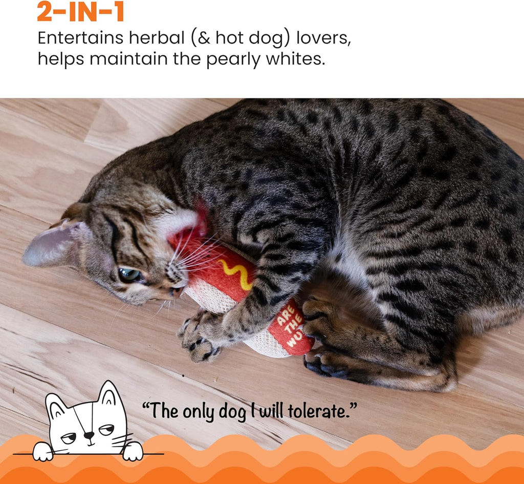 Close up view of the textured dental mesh on the Catstages Hotdog cat toy.