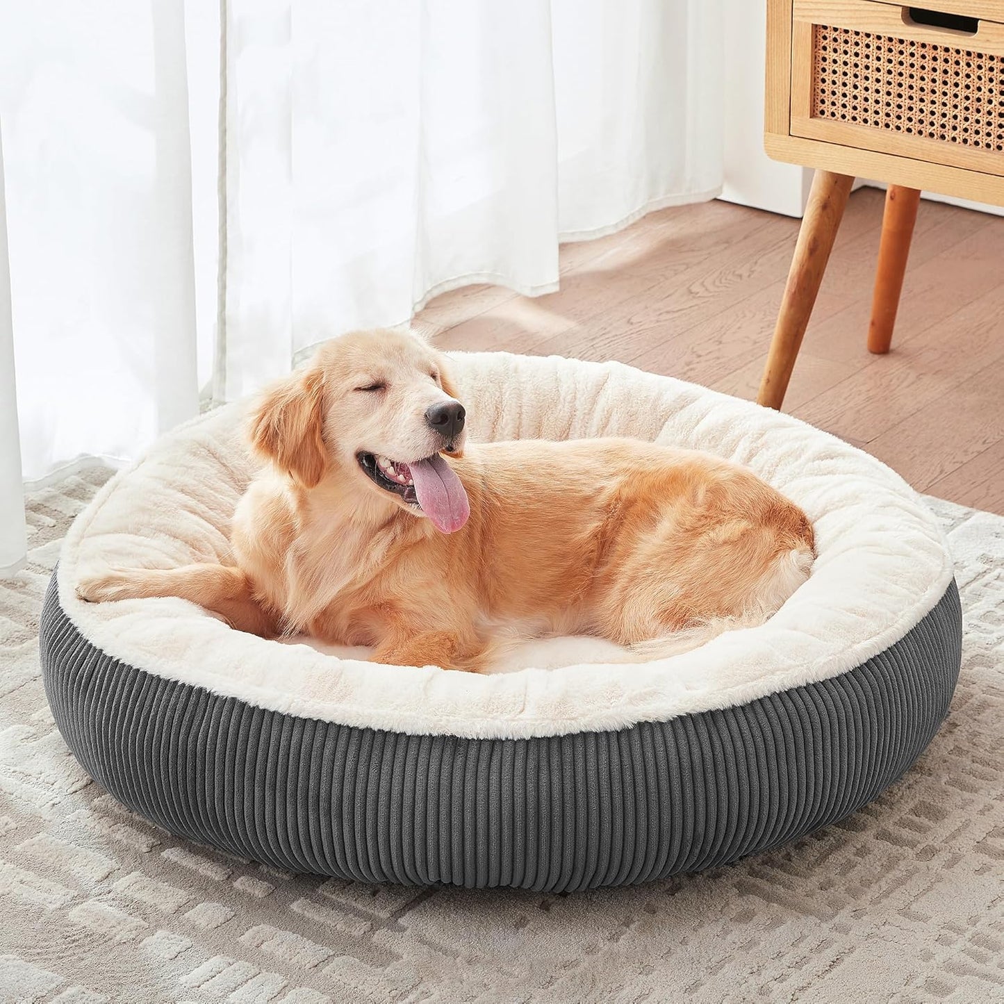 36 inches Donut Dog Bed for Large Dogs - Calming Round Pet Bed with Removable&Washable Cover, Plush Faux Fur & Corduroy, Fits Pets up to 80 lbs(Dark Grey, Large) - Image 1