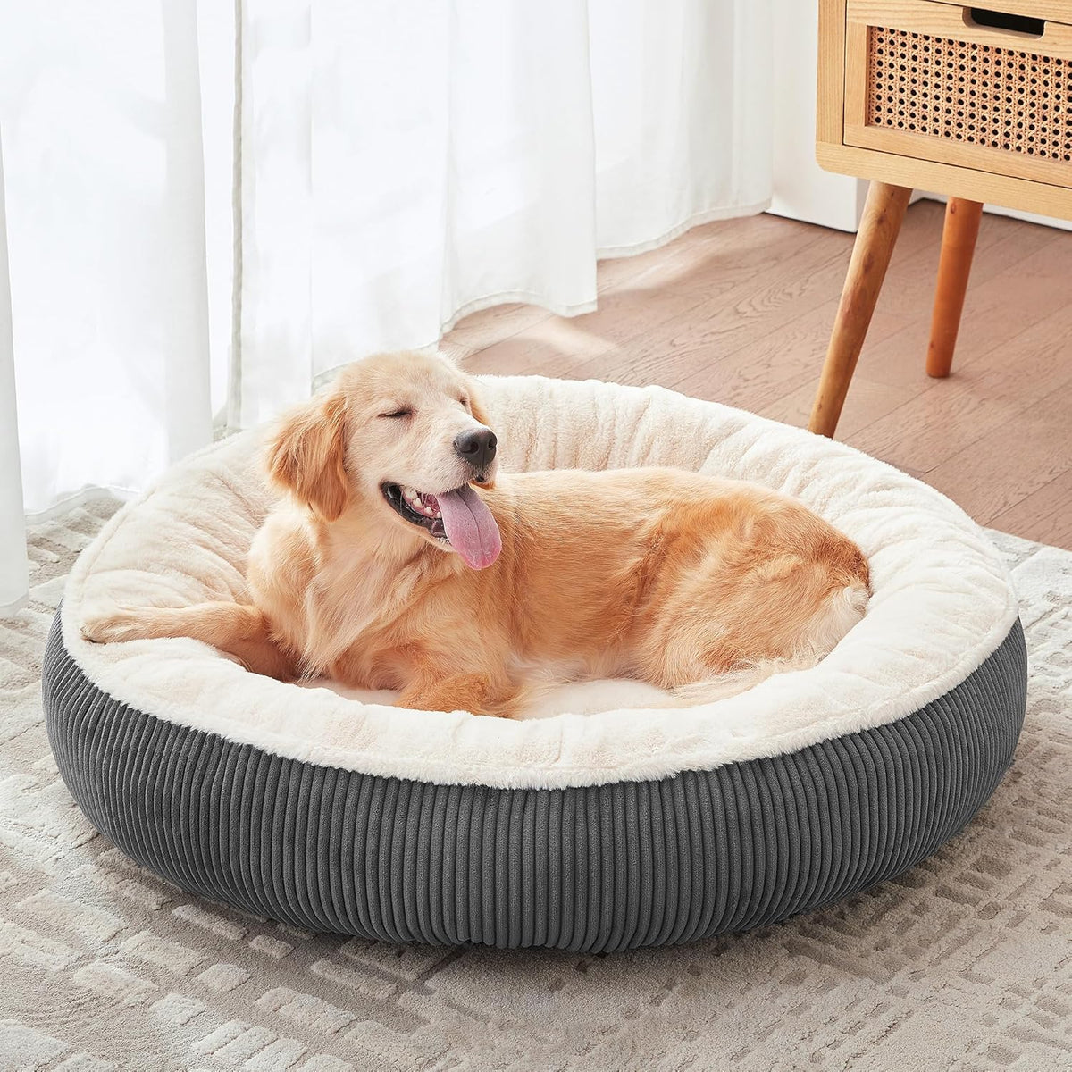 36 inches Donut Dog Bed for Large Dogs - Calming Round Pet Bed with Removable&Washable Cover, Plush Faux Fur & Corduroy, Fits Pets up to 80 lbs(Dark Grey, Large) - Image 1