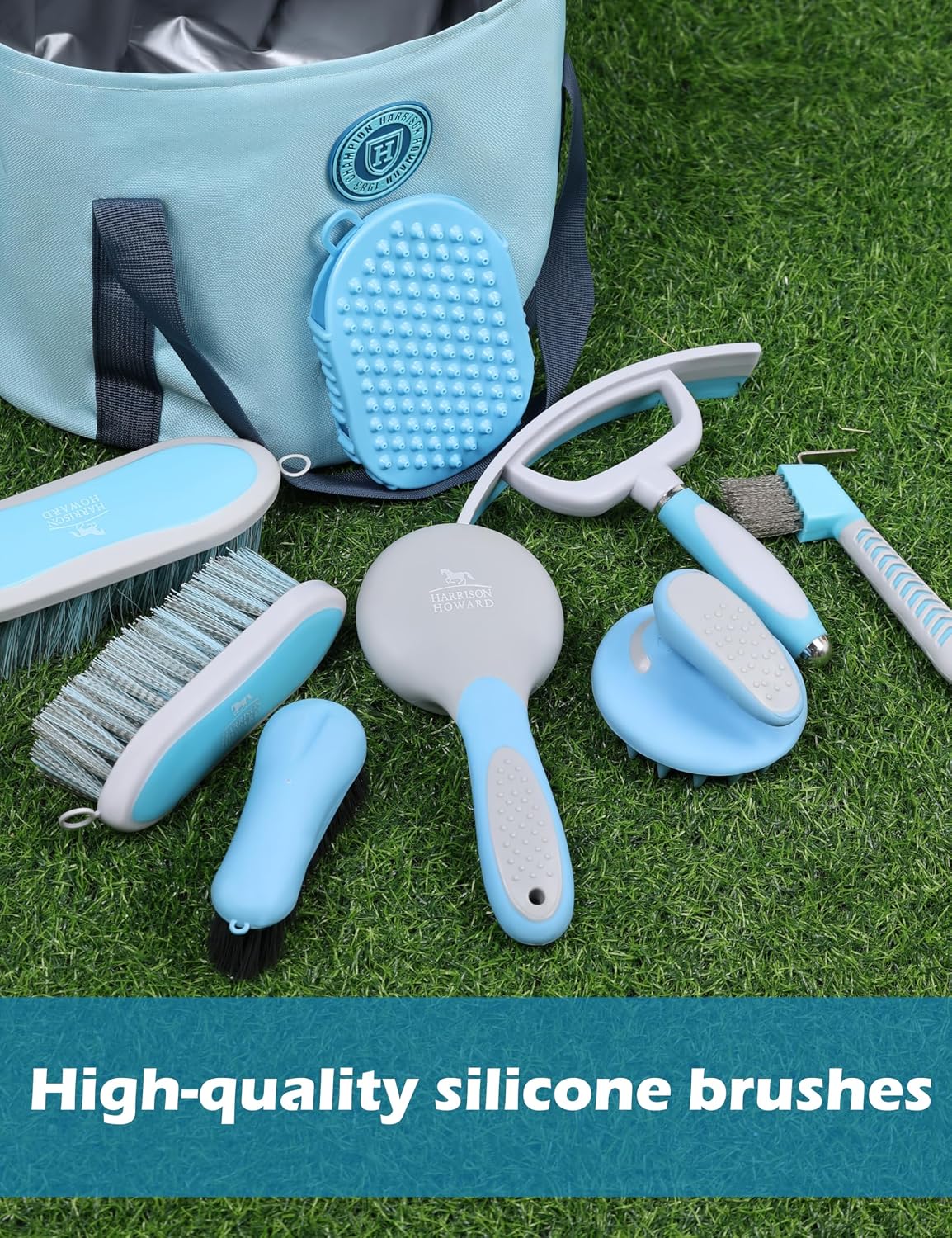 Detailed view of horse grooming brushes with silicone grips