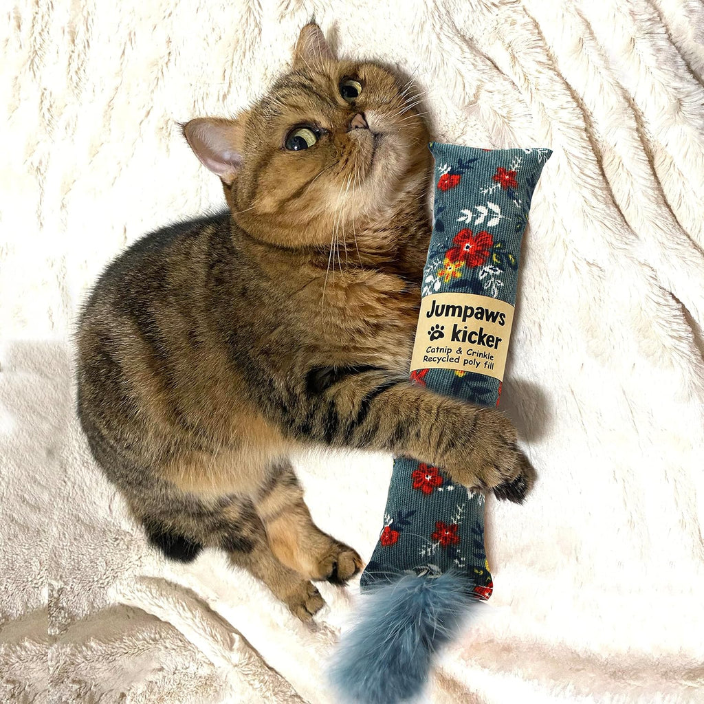 Cat playing with Jumpaws interactive crinkle cat kicker toy