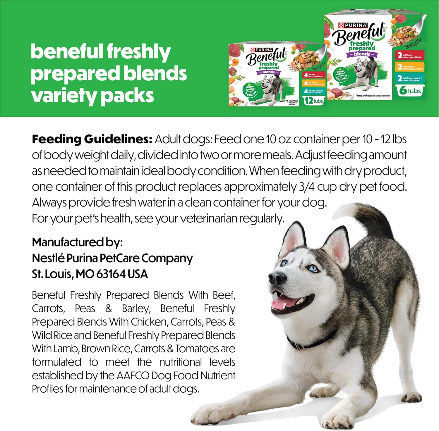 Purina Beneful premium variety pack dog food tubs display showing real meat and vegetable recipes