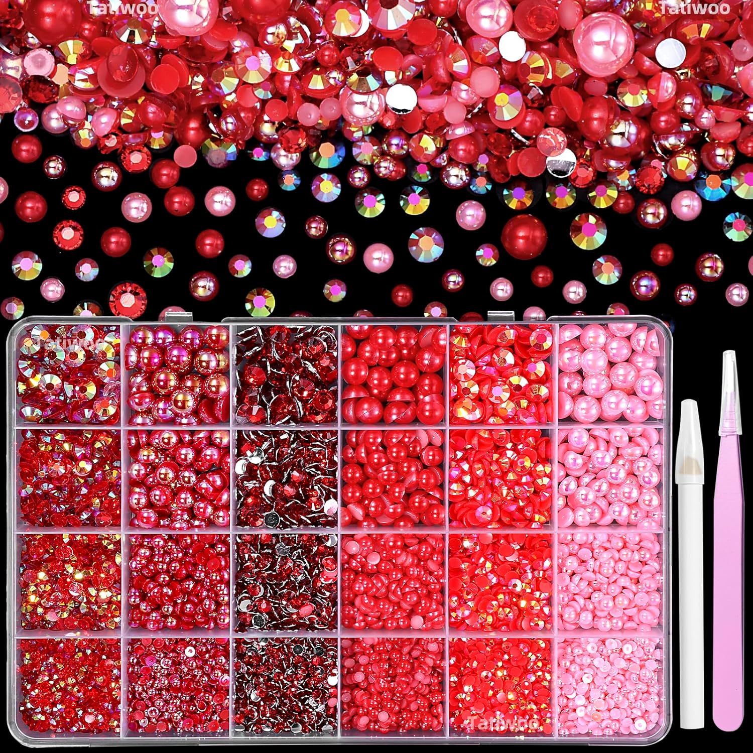 Tatiwoo 9000 Pcs Red Flatback Pearls and Rhinestones craft supply set