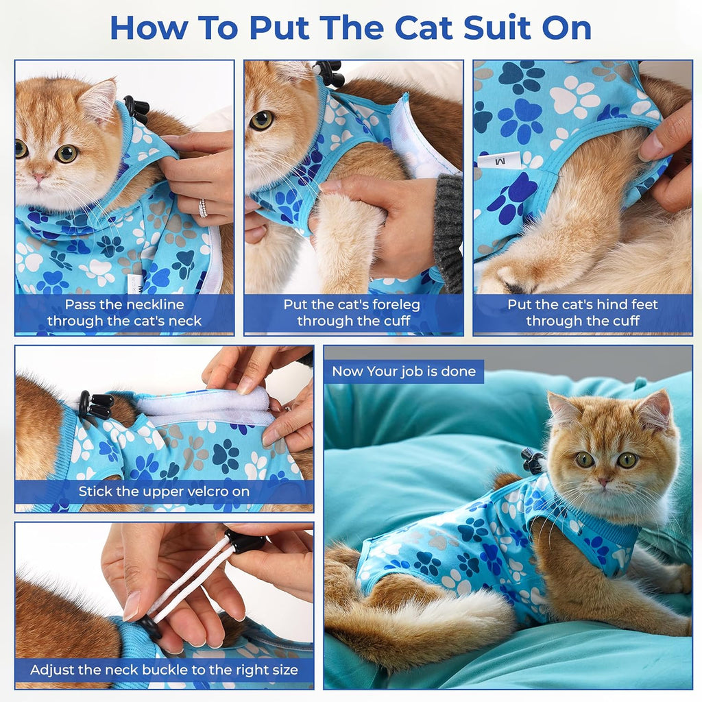 COZYDOODZ soft breathable cat surgery outfit illustrating the flexible belly coverage.
