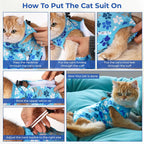 COZYDOODZ soft breathable cat surgery outfit illustrating the flexible belly coverage.