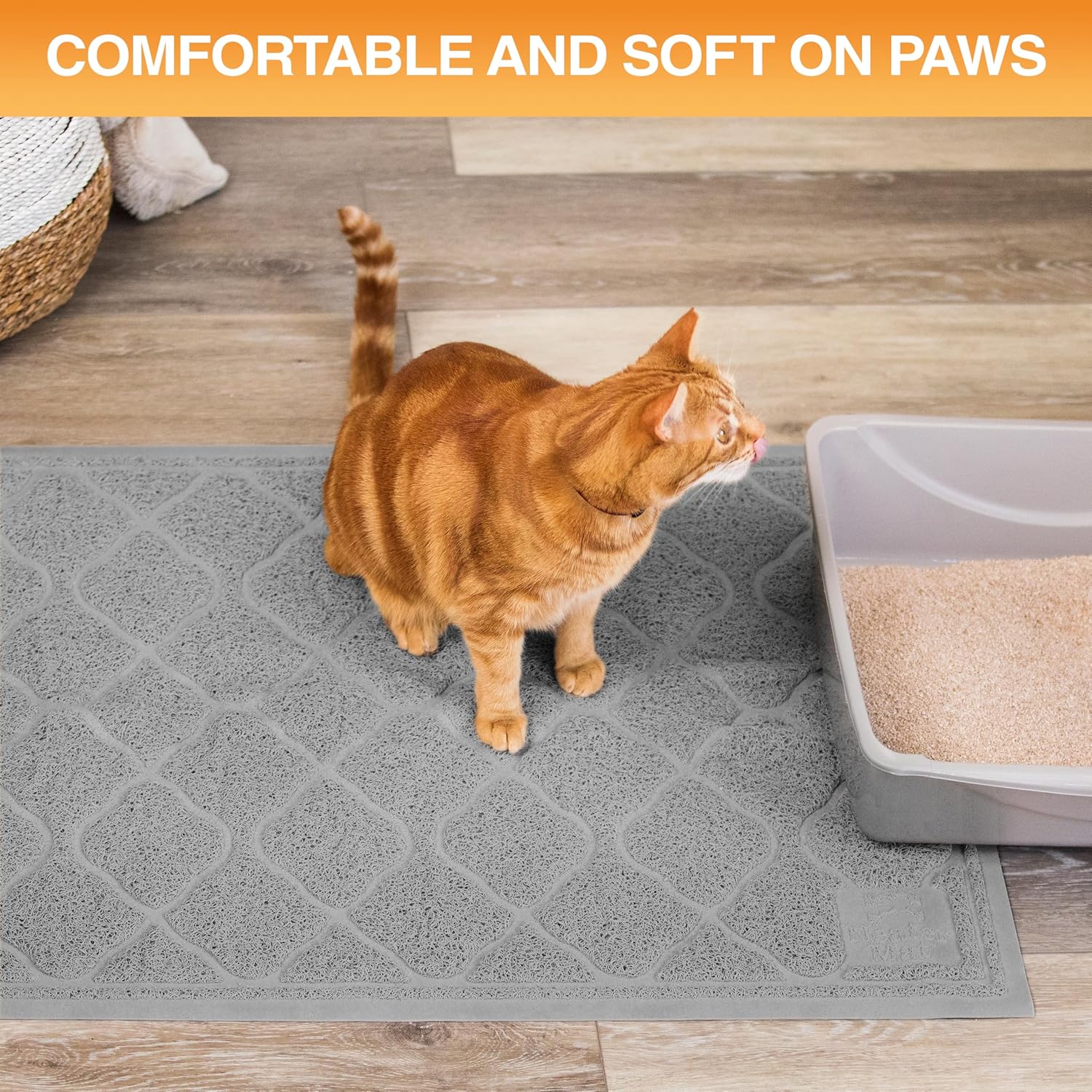 Grey quatrefoil pattern pet litter box mat