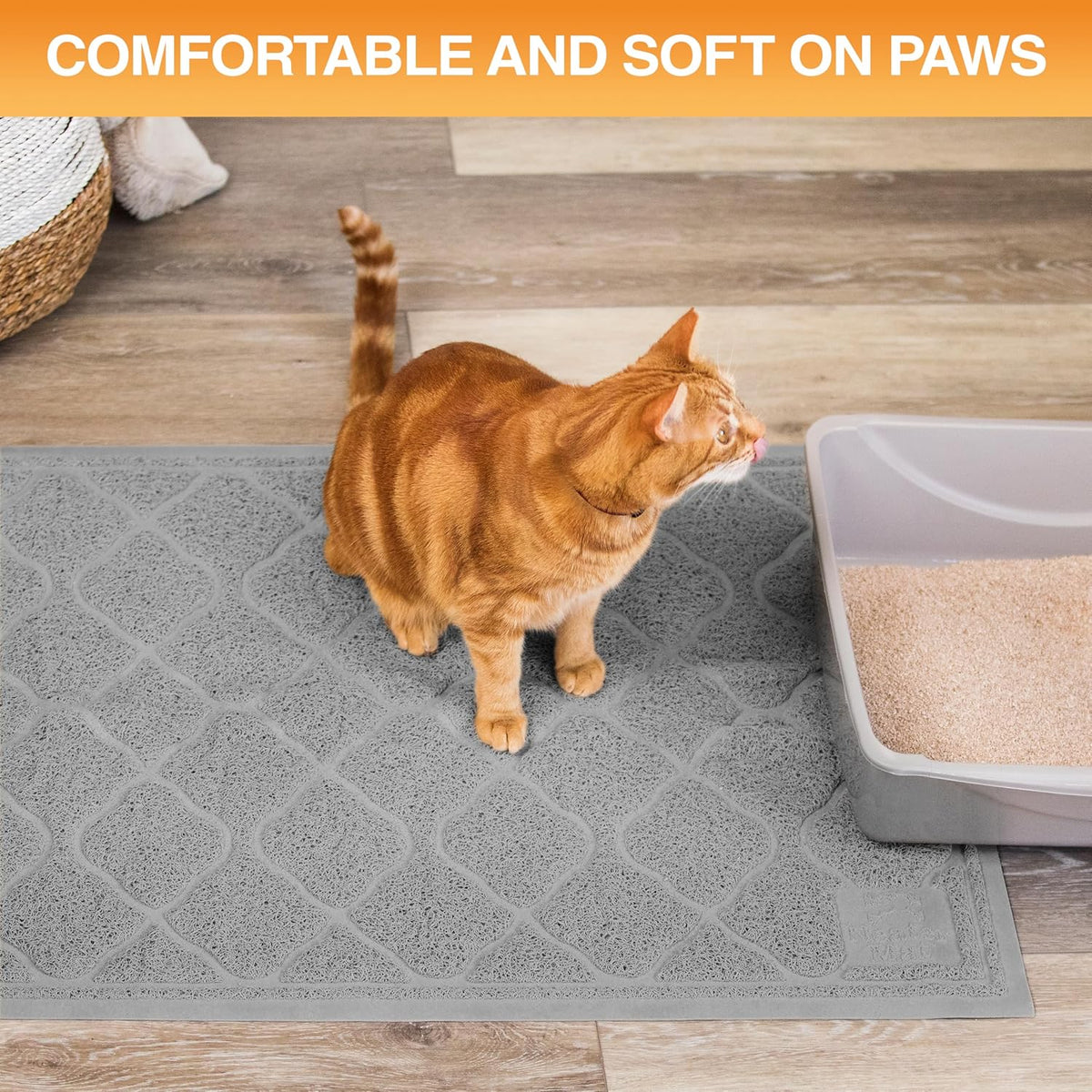 Grey quatrefoil pattern pet litter box mat