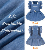 A small kitten wearing the BAOBICUTE denim dress illustrating its comfortable high-cut abdominal design.