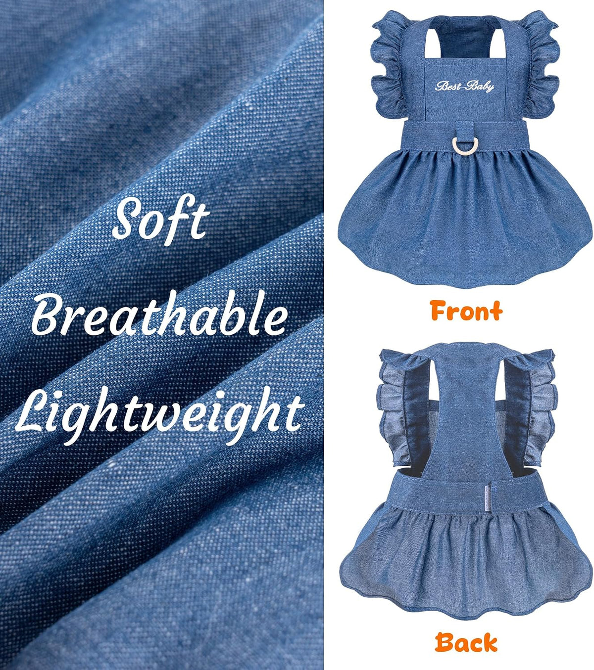 A small kitten wearing the BAOBICUTE denim dress illustrating its comfortable high-cut abdominal design.