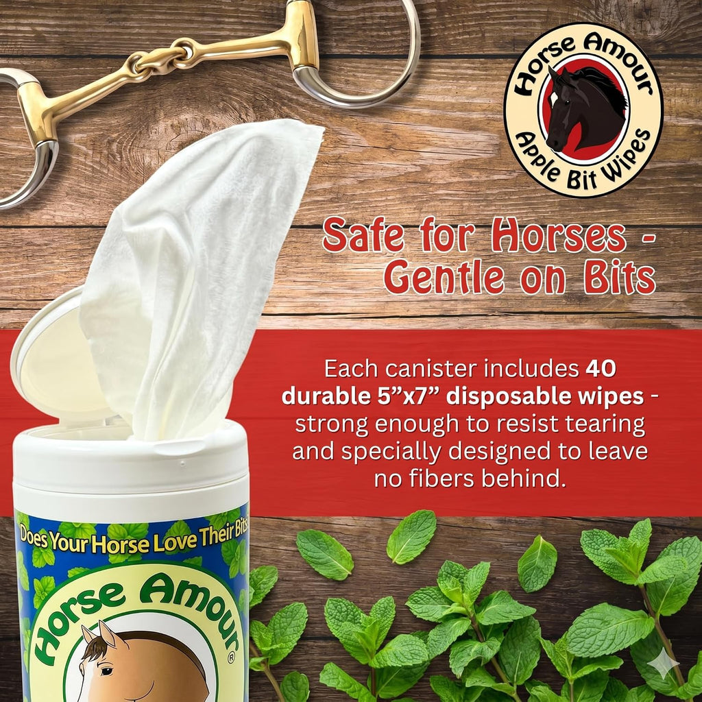 Equestrian using a mint flavored bit wipe on a metal horse bit
