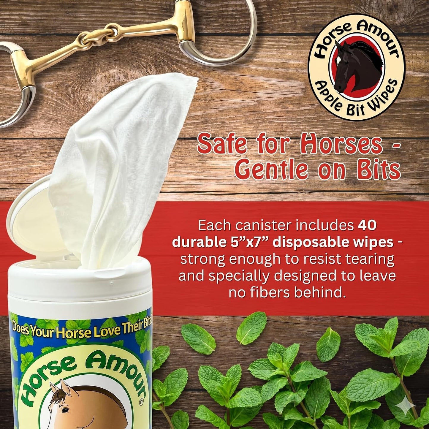 Sugar free peppermint extract infused disposable horse bit wipes