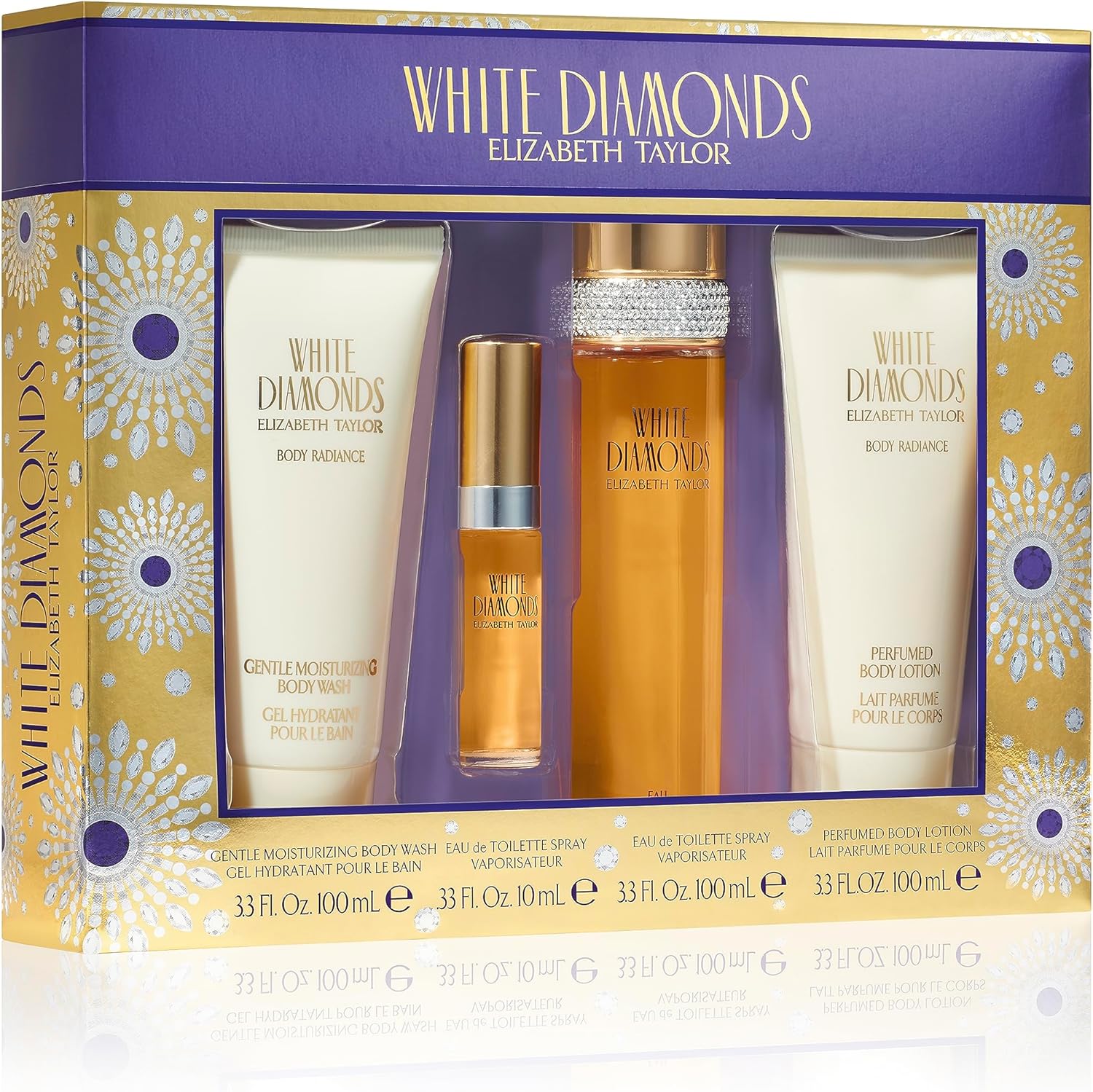 Elizabeth Taylor White Diamonds four piece fragrance gift set for women featuring perfume bottles, body lotion, and body wash front view.