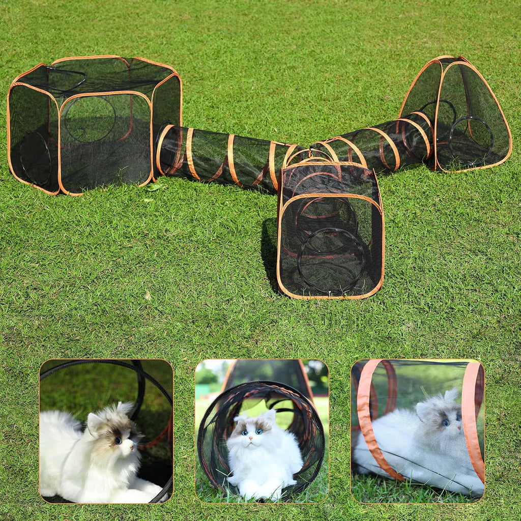 Wilhiker outdoor cat enclosures showing the hexagonal and conical playpens set up in a backyard