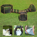 Wilhiker outdoor cat enclosures showing the hexagonal and conical playpens set up in a backyard