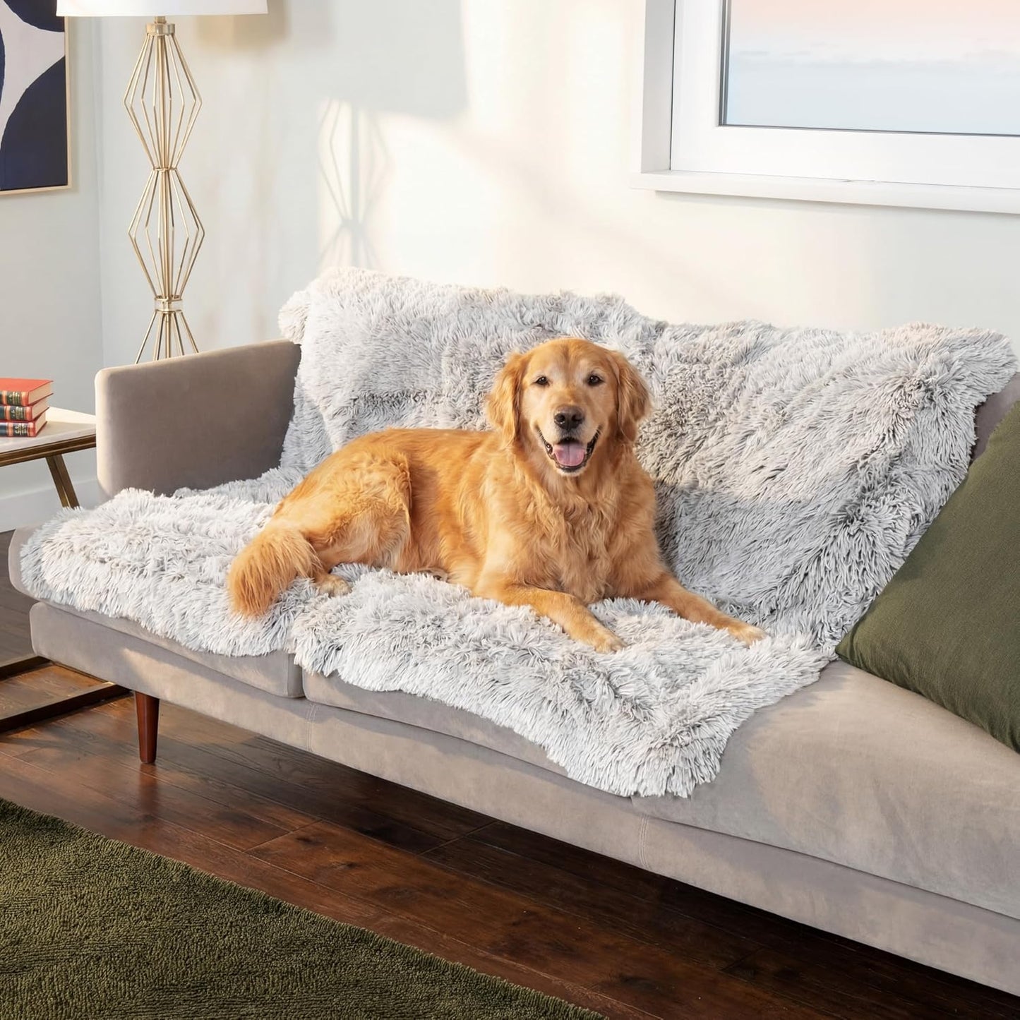 Premium Furhaven waterproof throw blanket protecting bedroom furniture from pet paws.