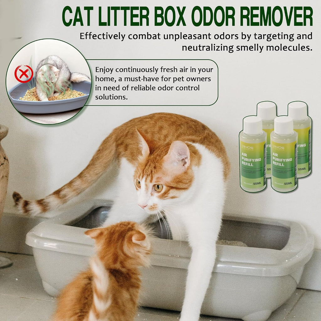 Automatic litter box compatible liquid refills for optimal household pet odor control