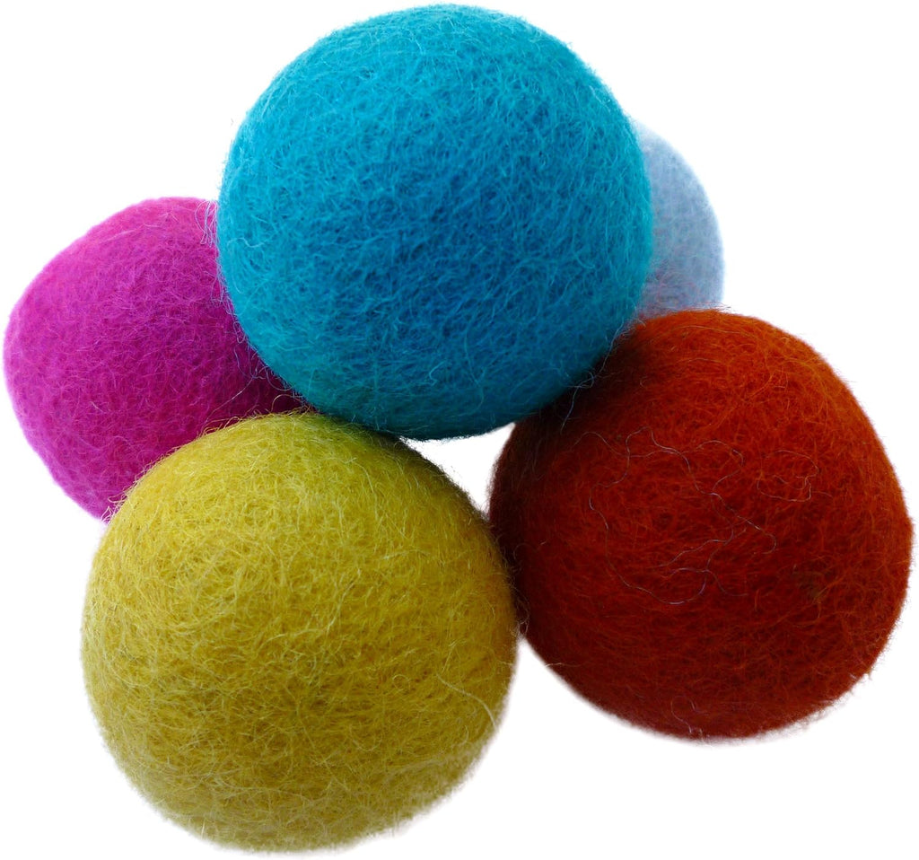 Set of 5 colorful handmade wool felt kitty play balls arranged on flat surface