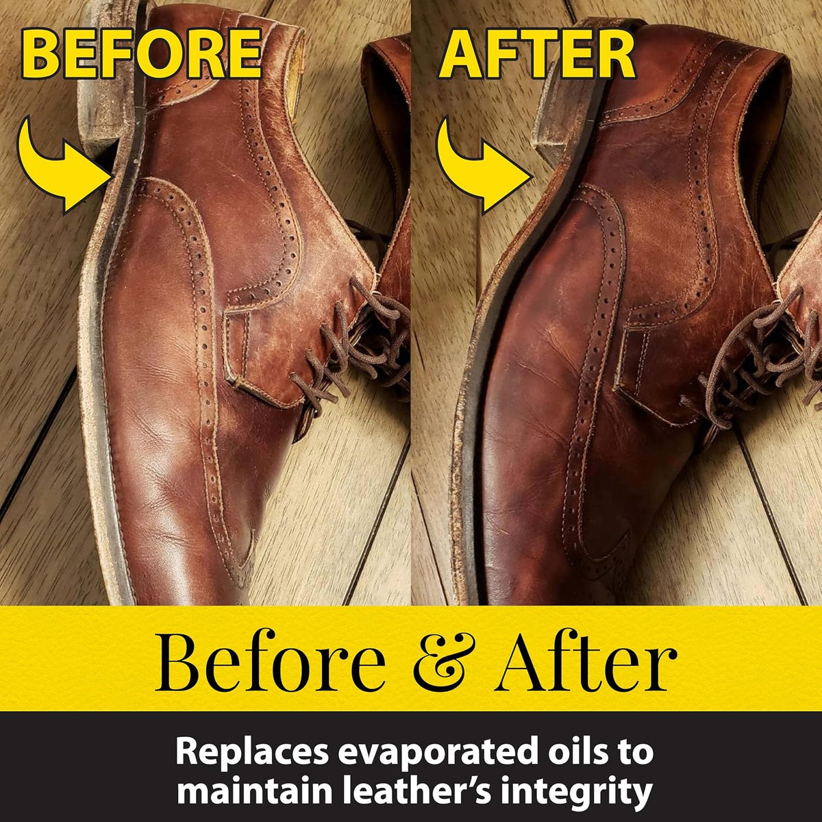 Fiebing's leather oil bottle next to conditioned leather boots