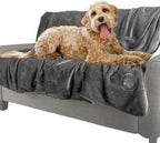 Cozy gray pet furniture protector with embroidered paw print detail close up
