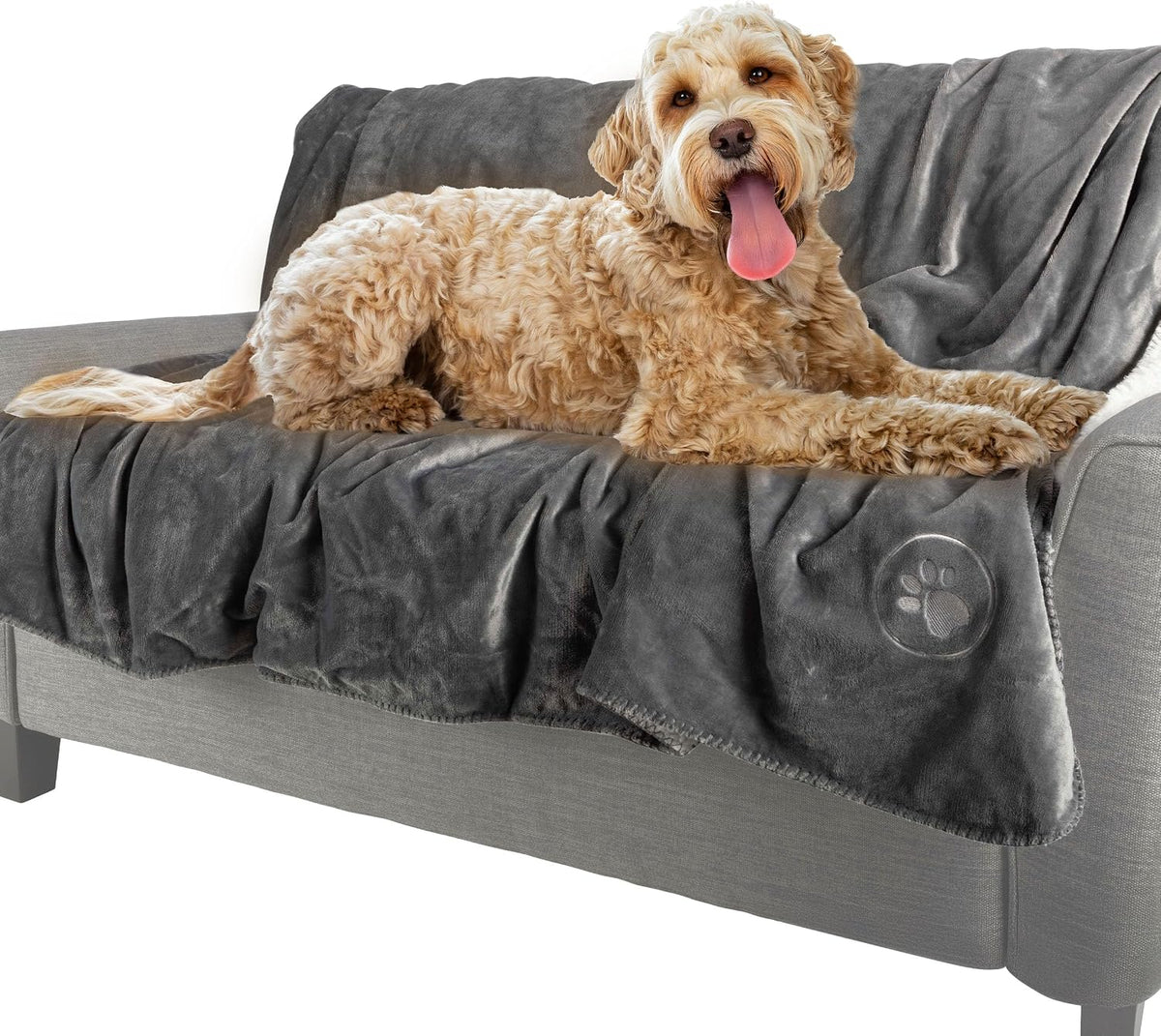 Cozy gray pet furniture protector with embroidered paw print detail close up