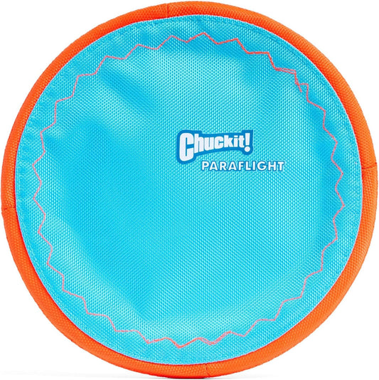 Chuckit! Paraflight Flying Disc front view showing orange and blue design