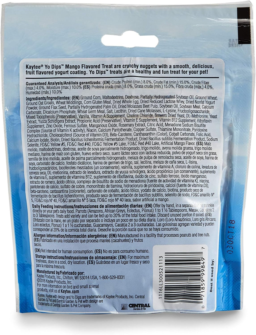 Kaytee parrot treat 3.5 Ounce bag with mango yogurt nuggets visible.