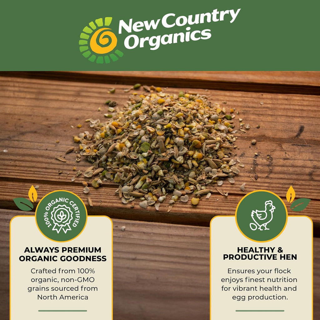 New Country Organics organic non-GMO chicken feed bag texture.