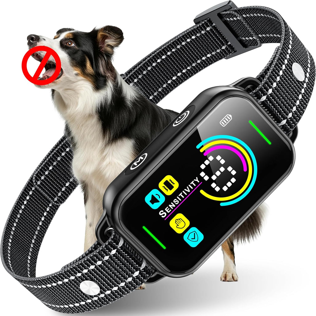 Dinjoo Smart Bark Collar front view on black background