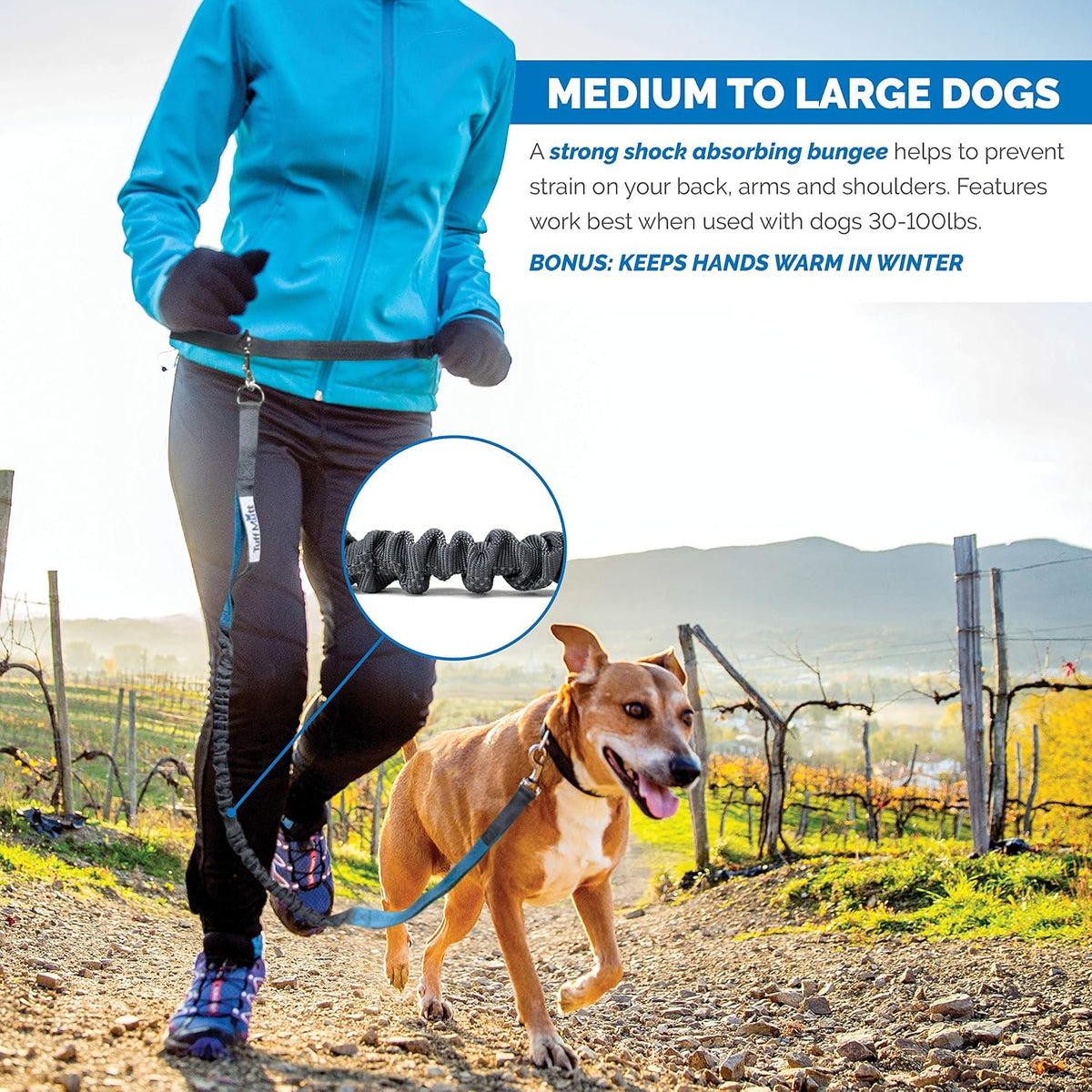Smooth glide belt clip mechanism on the Tuff Mutt dog leash preventing tangles during active running.