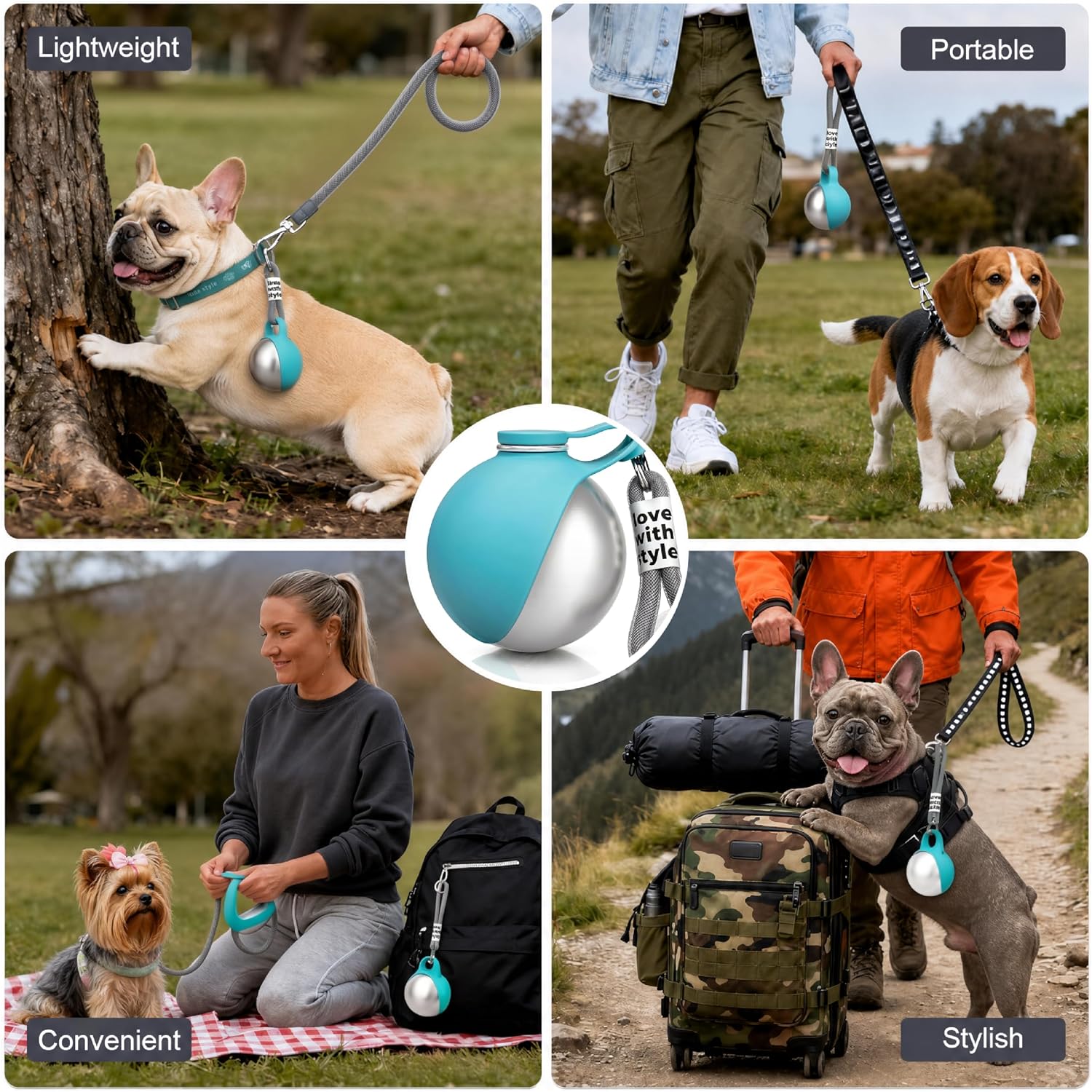 Blue portable cat and puppy water dispenser showing leak proof seal