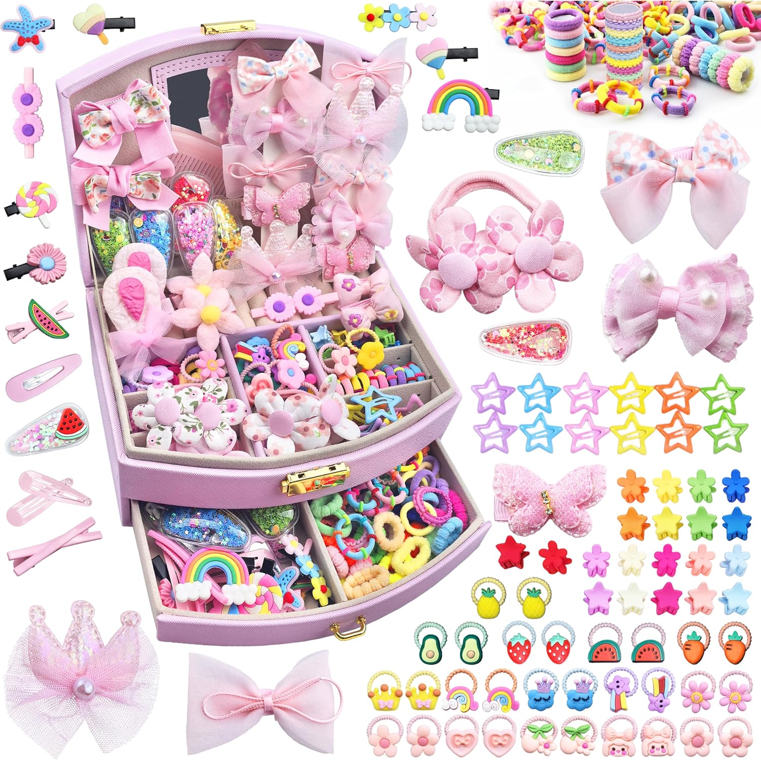 Rolling Art girls hair accessories set front view showing the closed two-tier pink leather jewelry organizer box.