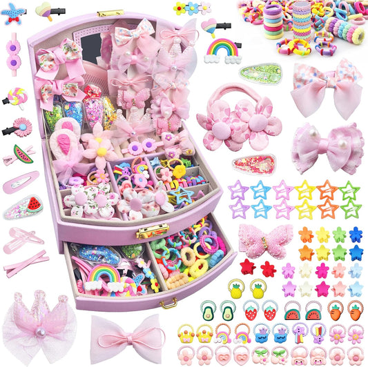 Rolling Art girls hair accessories set front view showing the closed two-tier pink leather jewelry organizer box.