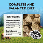 Back of Northwest Naturals freeze dried beef recipe packaging detailing raw diet ingredients and feeding guide.