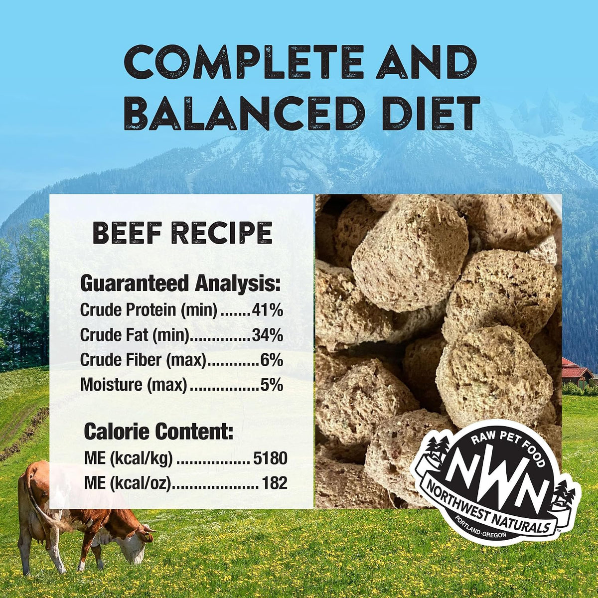 Back of Northwest Naturals freeze dried beef recipe packaging detailing raw diet ingredients and feeding guide.