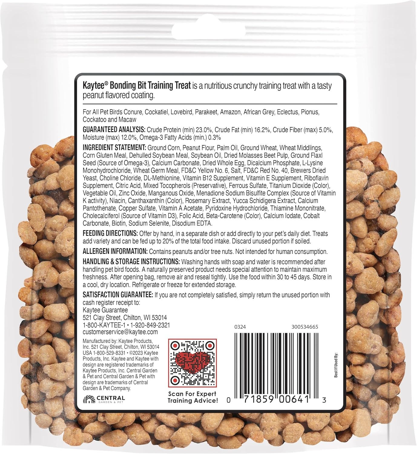 Close up of Kaytee peanut flavored bird training treat pieces