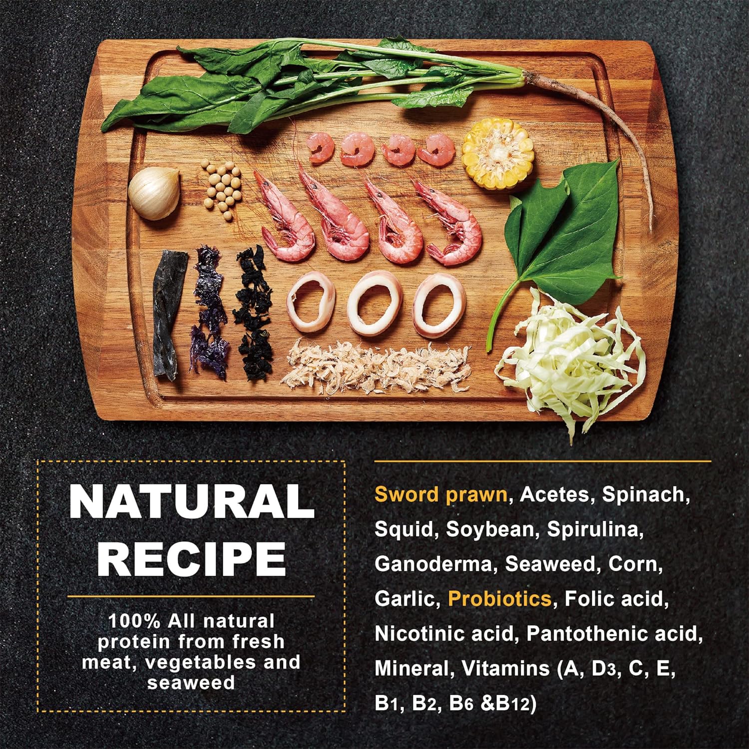 Ultra Fresh Betta Pro shrimp food natural ingredients infographic displaying sword prawns
