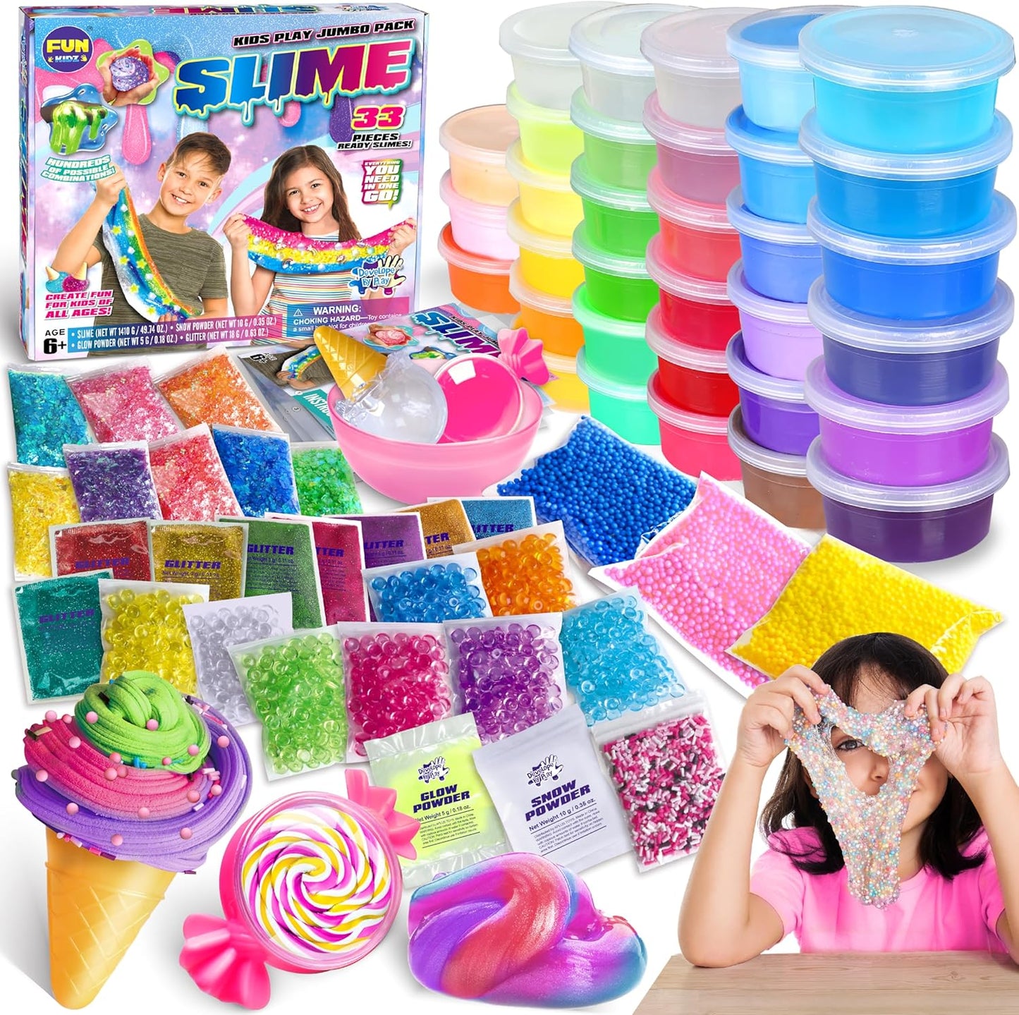 FUN KIDZ 33 Cups Jumbo Slime Kit front packaging view showcasing colorful pre-made slime cups for kids creative play.
