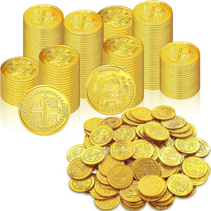 Chivao plastic gold pirate coins front view for themed birthday party decorations.