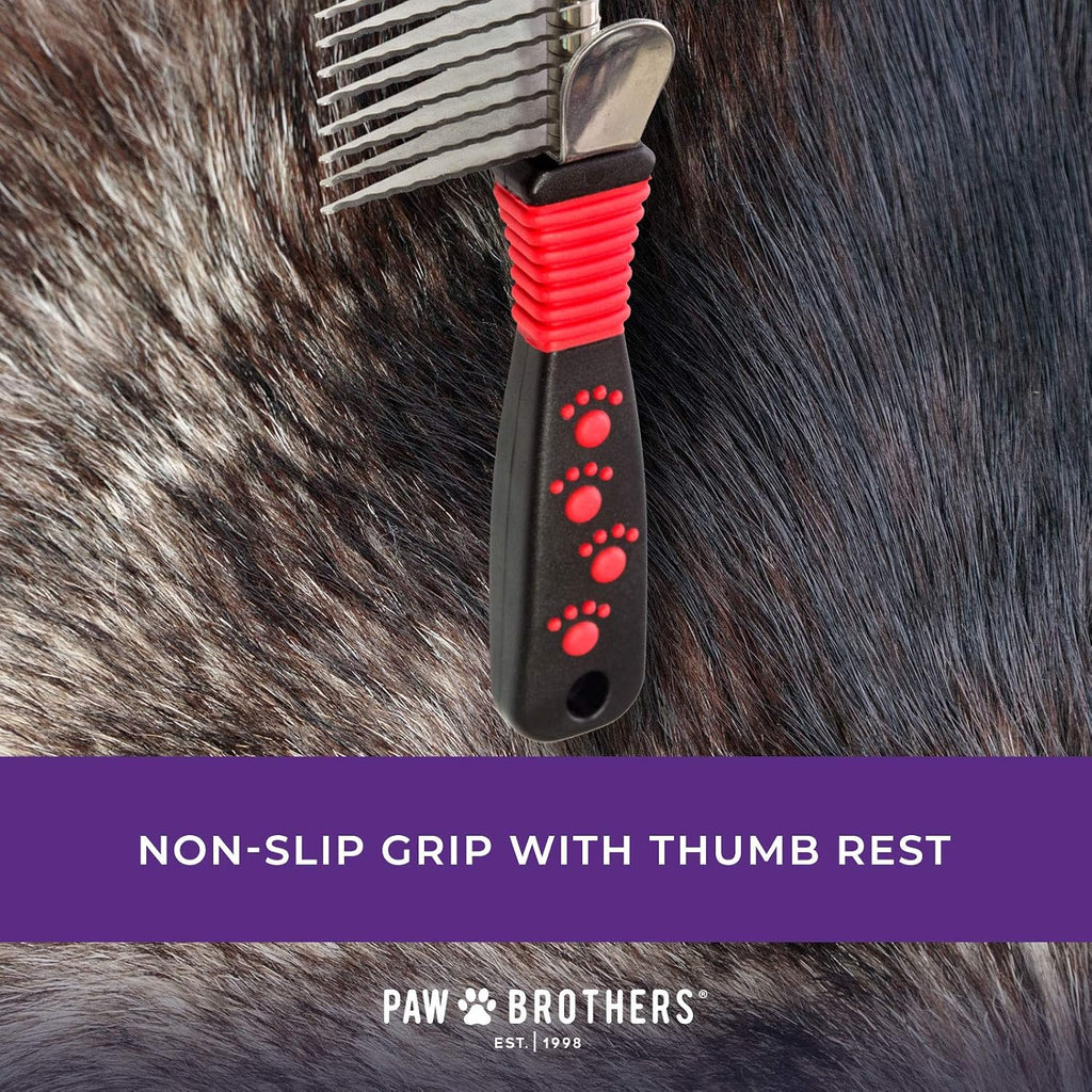 Ergonomic comfort grip handle of Paw Brothers grooming rake