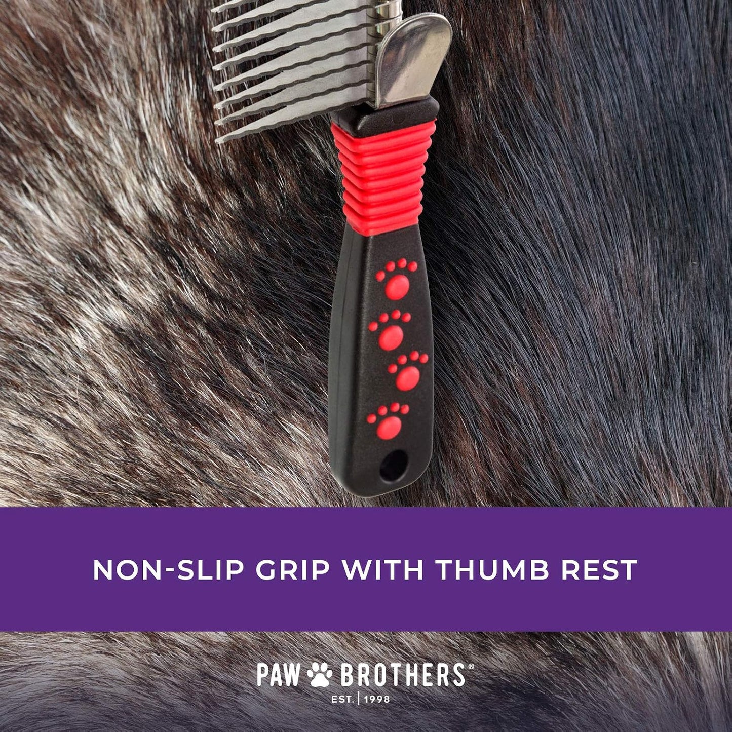 Ergonomic comfort grip handle of Paw Brothers grooming rake