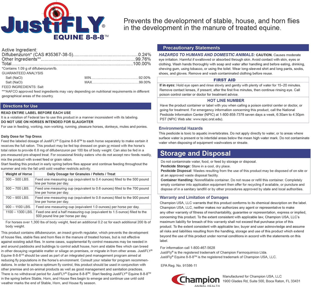 JustiFLY Equine 8-8-8 Feedthrough Fly Control Formula for Horses (9.75 lb) - Complete Protection from Stable, Horn & House Flies, Dung Beetle Safe - Image 9