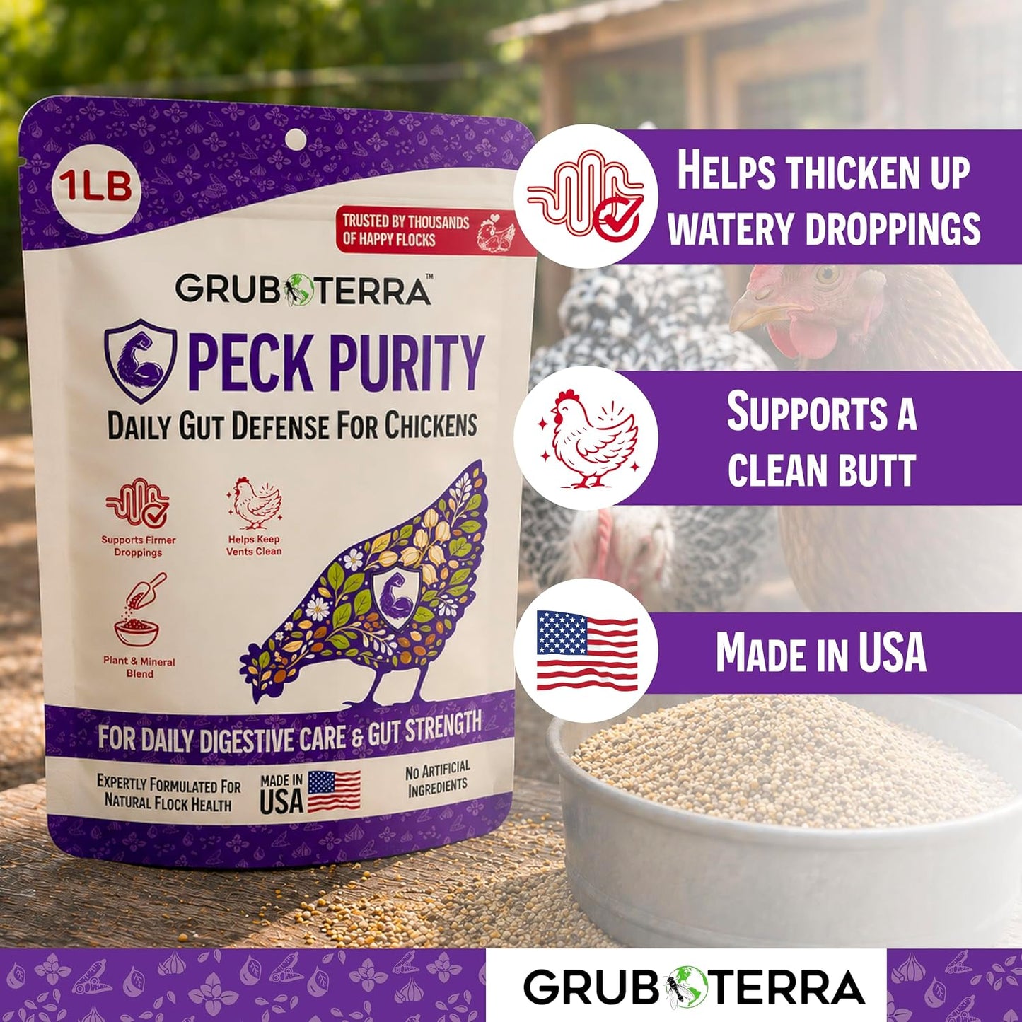 GrubTerra PeckPurity chicken dewormer powder packaging displaying natural ingredients list