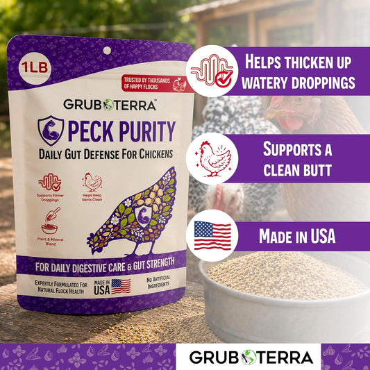 GrubTerra PeckPurity chicken dewormer powder packaging displaying natural ingredients list