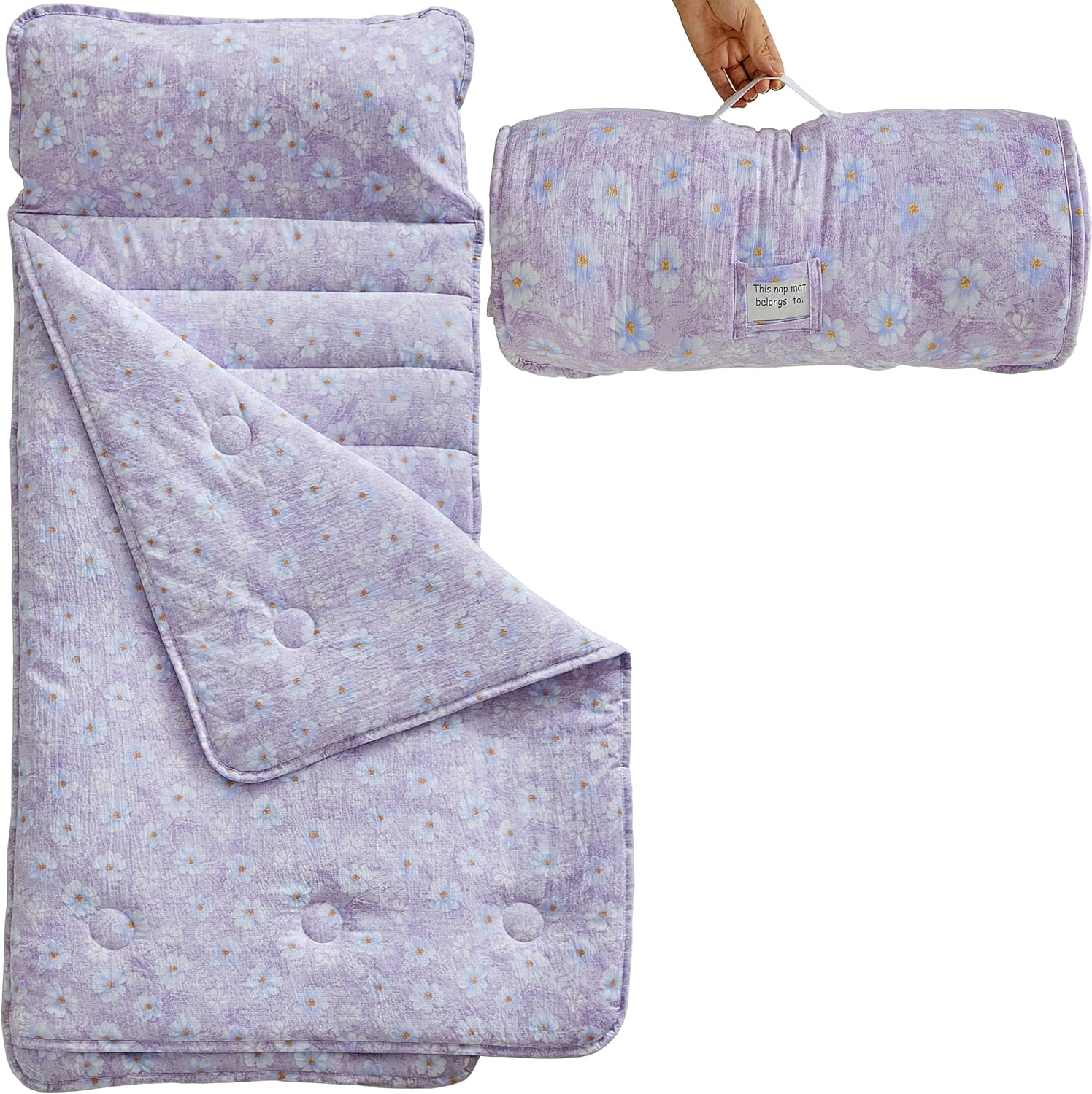 JHCHMX floral toddler nap mat purple front view unrolled showing attached blanket and pillow