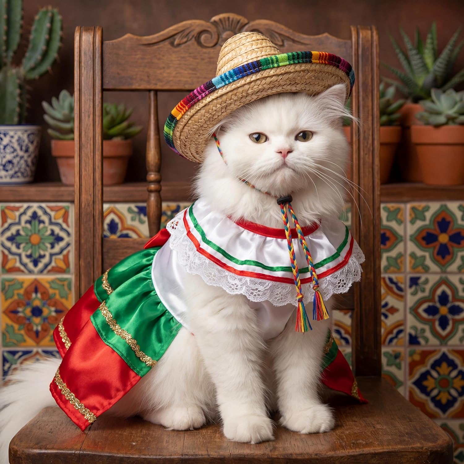 Bulyoou Cinco de Mayo cat and puppy costume featuring the festive striped skirt and elastic chin strap hat.