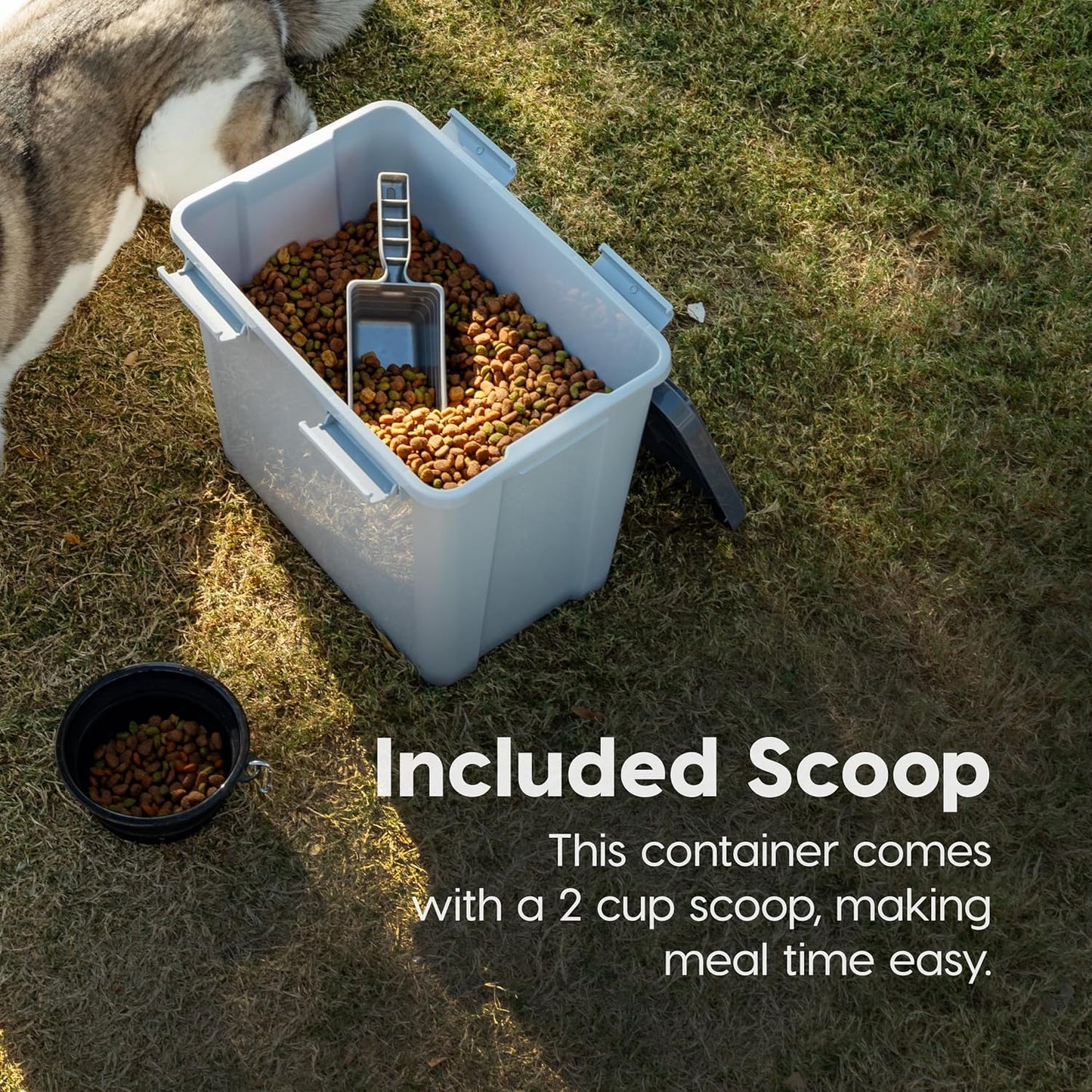 IRIS USA Stackable Dog Food Storage Container with 2 Cup Scoop, 4 Secure Latches, Fits up to 30 lbs, Pet Dry Food Bin, Gasket Seal Lid, BPA Free, Stackable, Easy Measure, Gray/Dark Gray - Image 6