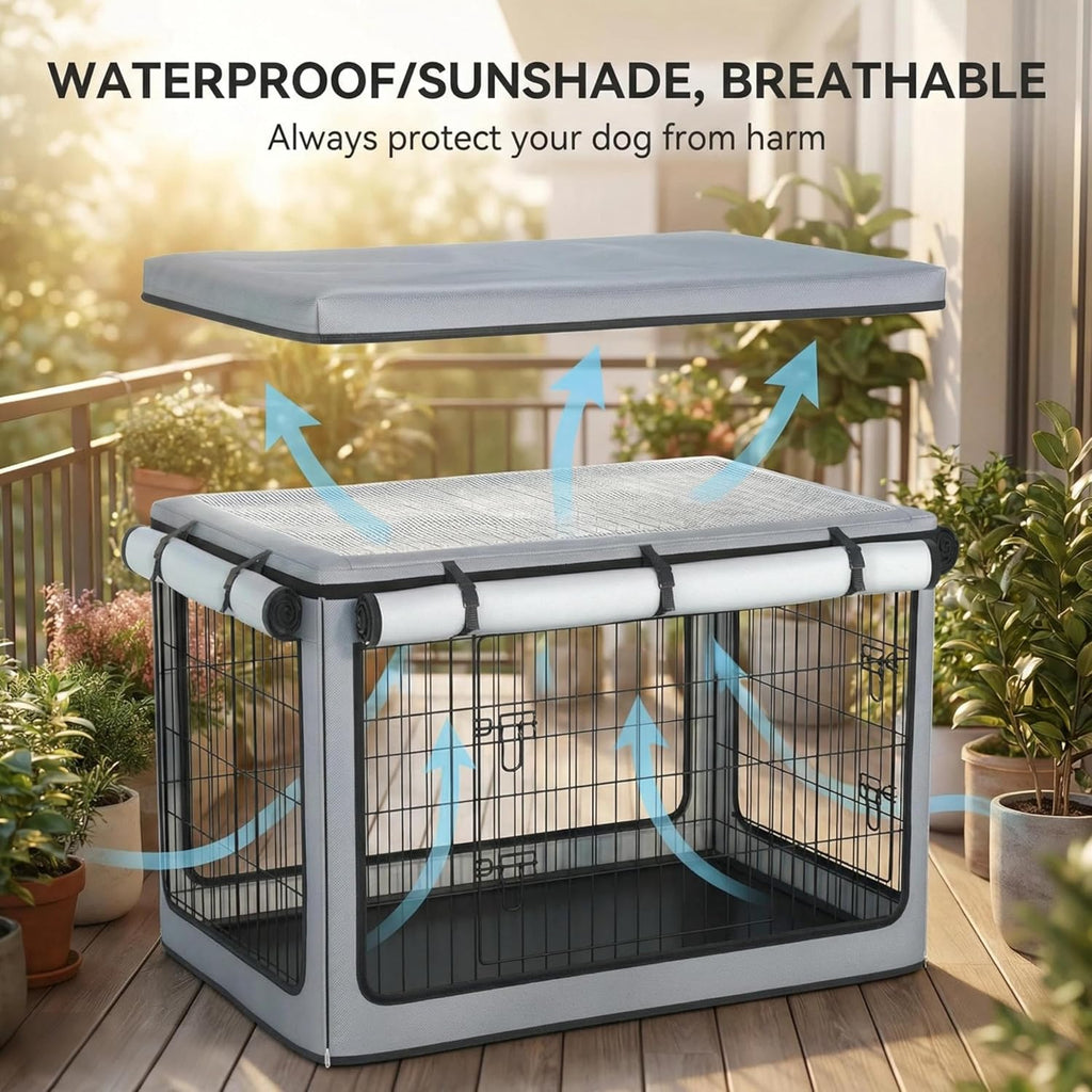 TBNO thirty eight inch dog crate canopy with the detachable sunshade attached on top