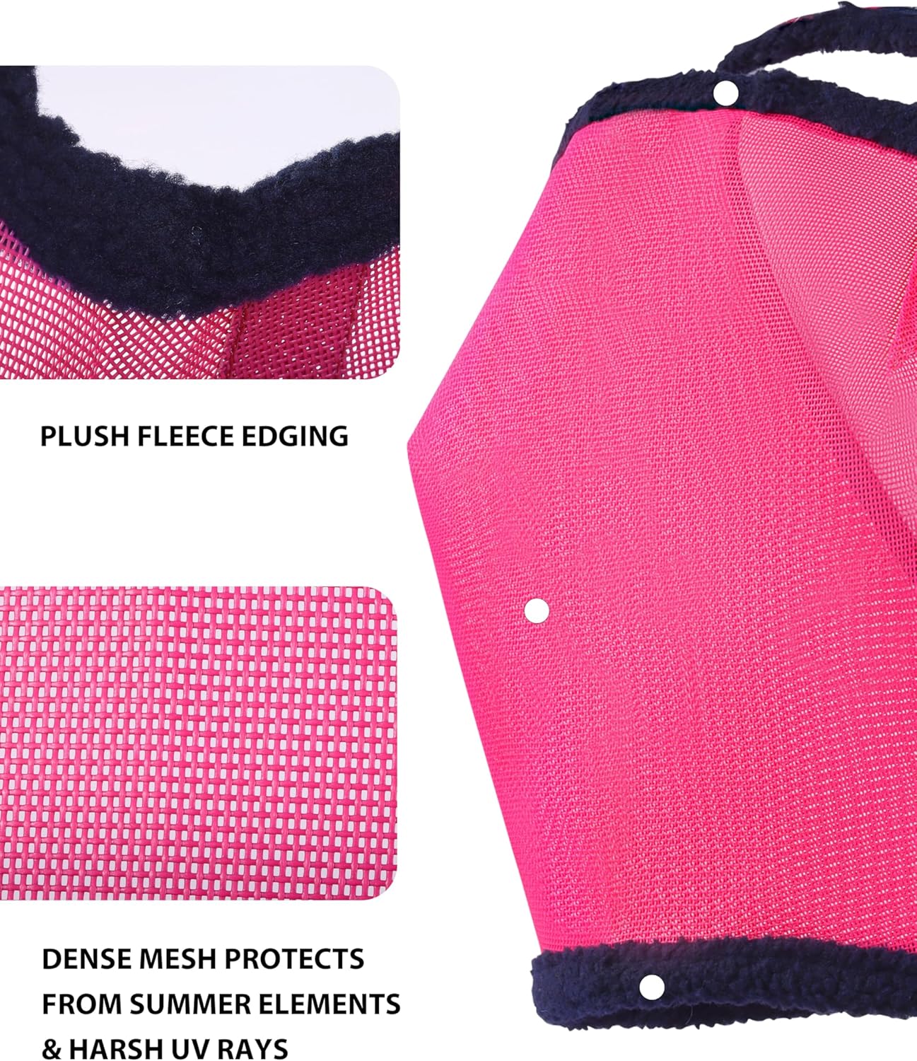 Side view of horse wearing magenta fly mask
