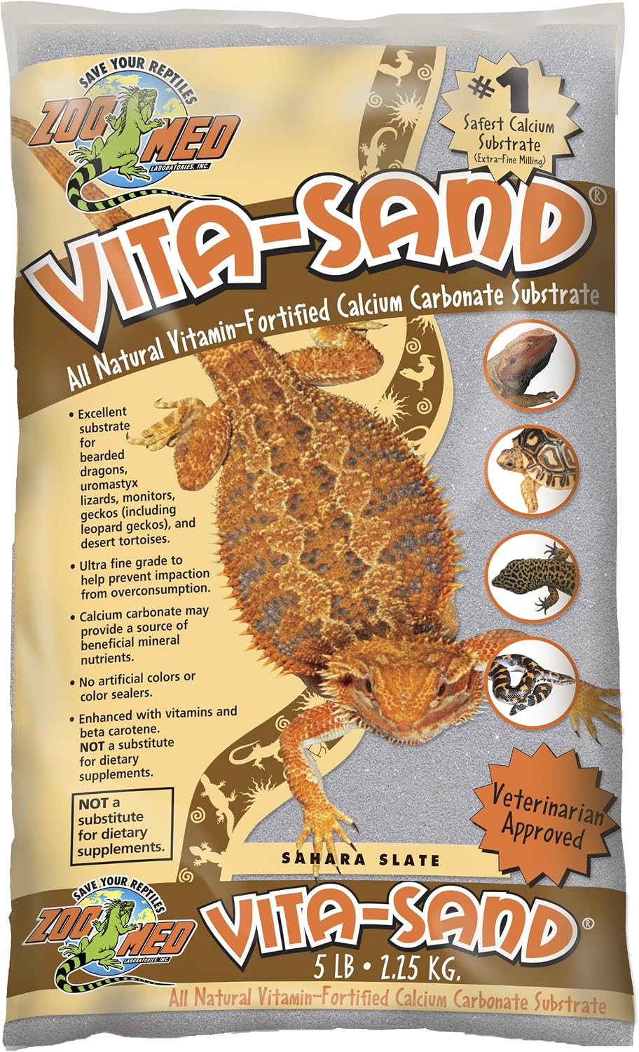 Zoo Med Vita Sand Sahara Slate 5 Pounds bag front view for desert reptile habitat